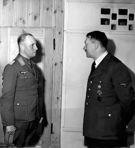Adolf Hitler awards the oak leaves with swords and diamonds to Erwin Rommel